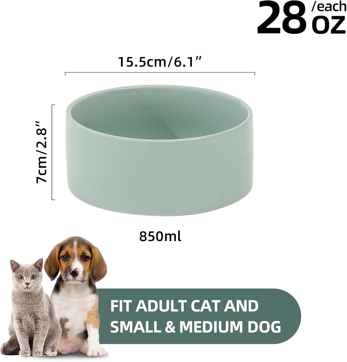 Ceramic 6.1inch Dog Bowls for Small and Medium Breed Dog Dish Pet Food and Water Bowl (Set of 2 Bowls - Light Green, 28oz)