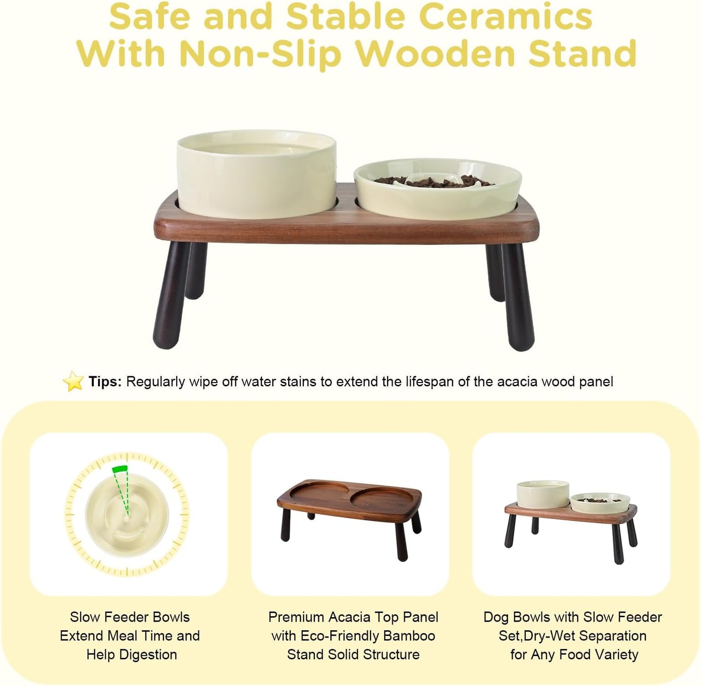 SPUNKYJUNKY Ceramic Elevated Dog Bowls with Slow Feeder Raised with Acacia Bamboo Wooden Stand, 6.1'' Dog and Cat Food Water Bowls Set Non-Slip for Small Medium Sized Breed - Beige