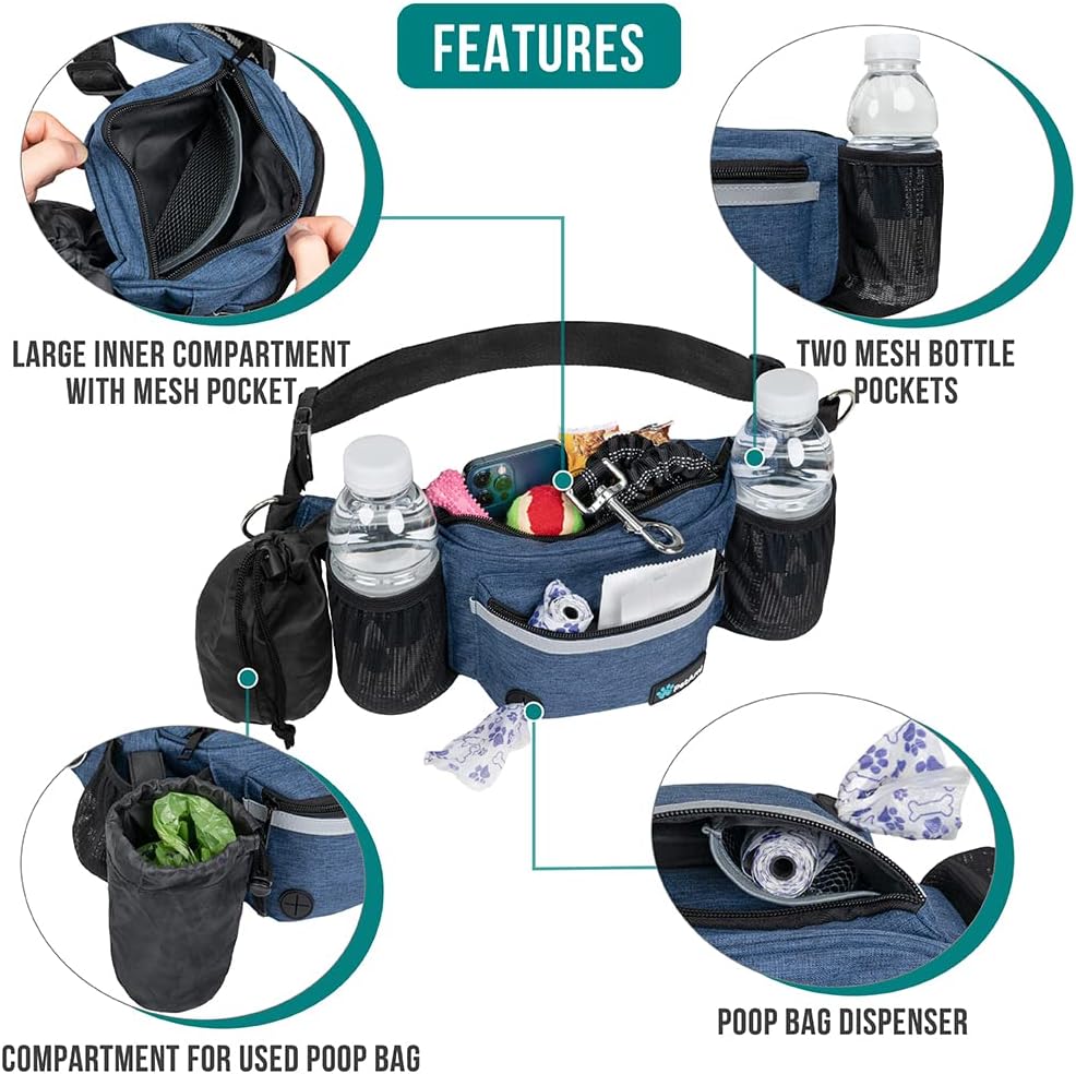 PetAmi Dog Fanny Pack, Treat Pouch for Dog Walking, Training, Built in Poop Bag Dispenser, Water Bottle Holder, Collapsible Bowl, Pet Treat Waist Belt for Hiking, Running, Kibbles (Navy Blue)