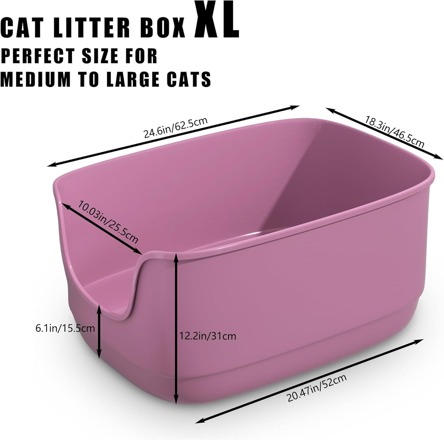 Gefryco Large Cat Litter Box with High Sided 24.6"x18.3"x12.2" - Jumbo Extra Large Open Anti - Splashing High Wall for Multiple Cats (Pink)