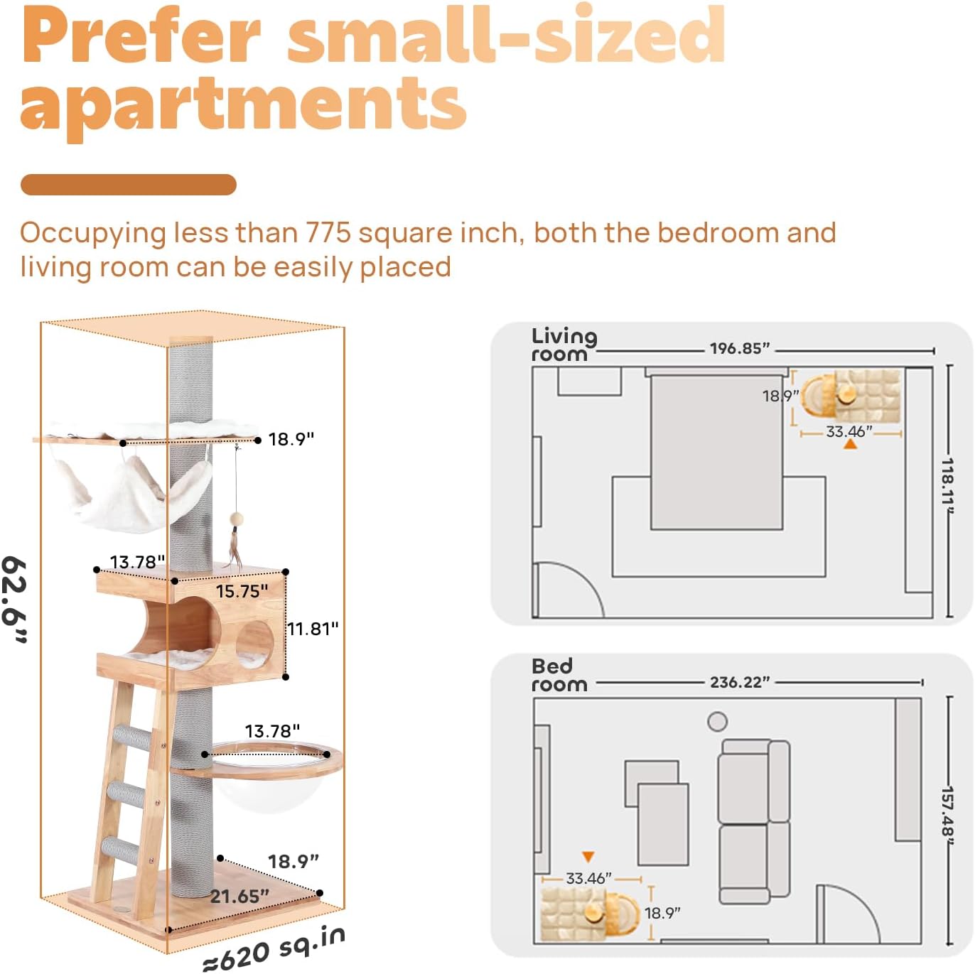 63-inch Modern Cat Tree, Luxury Cat Tower with Scratching Post, Unique Cat Condo with Hammock, Heavy Duty Kitty Climbing Tree for Indoor Cat, Wooden Kitty House for Small Medium Large Cats