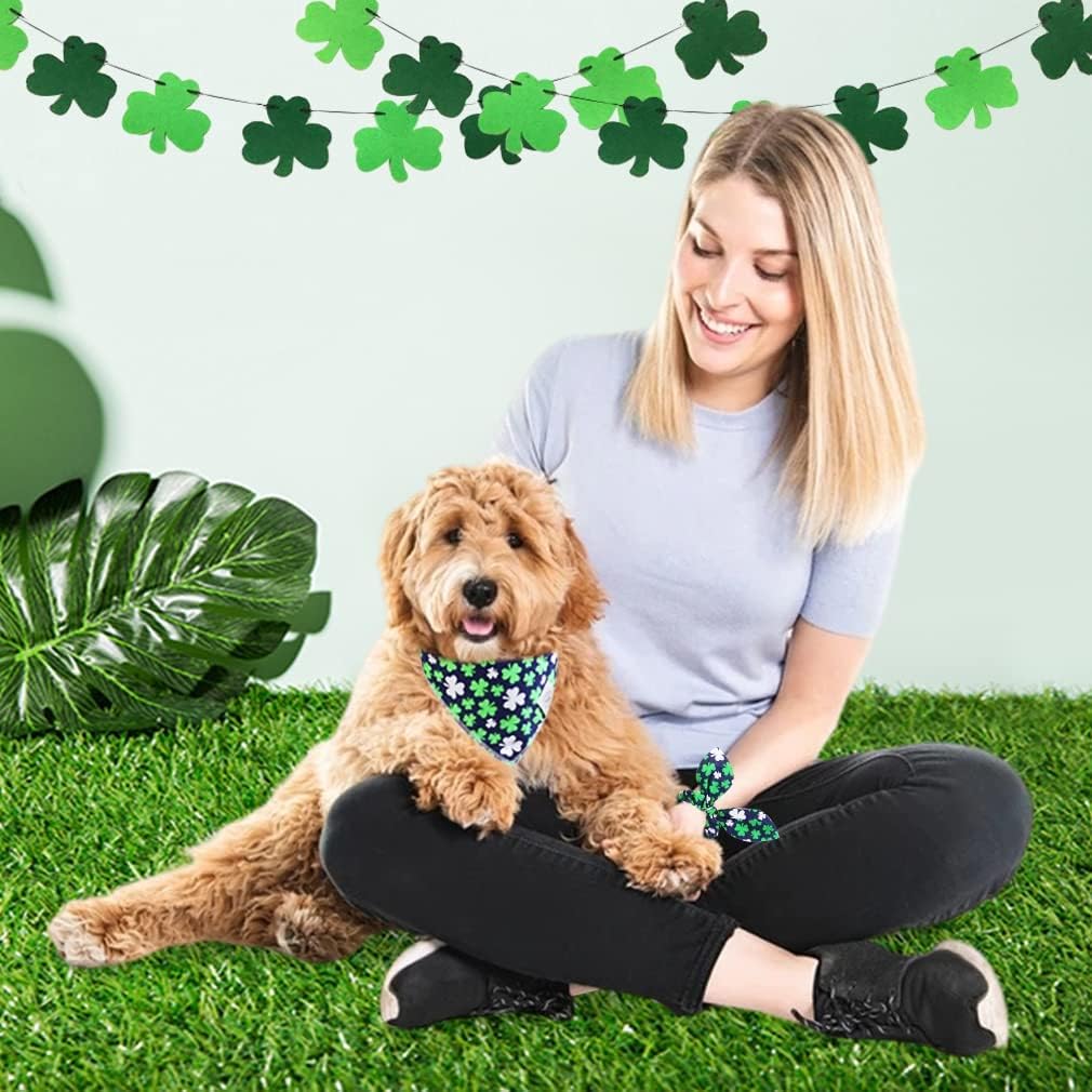 E-Clover Dog Bandana Boy & Matching Scrunchie Set Shamrock Lucky Dog Bandanas Scarf with Bow Hair Ties for Small Puppy Dogs Pet Owner Mom Green Blue