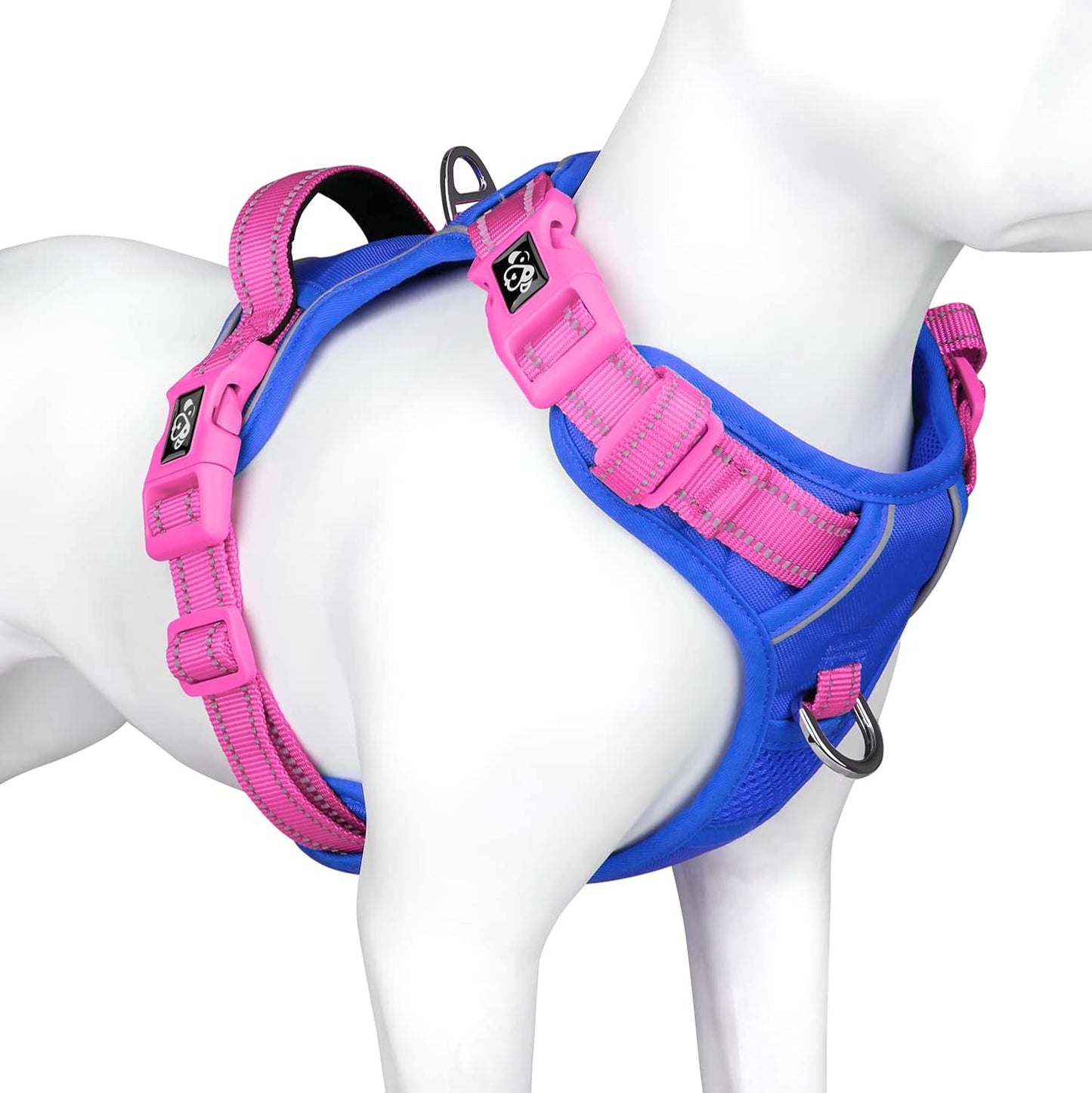 PHOEPET No Pull Dog Harness, Unique Colors Reflective Adjustable Dog Vest, with Soft Training Handle Metal Clips for Small Medium Large Dogs (Royal Blue Base & Pink Straps,L)