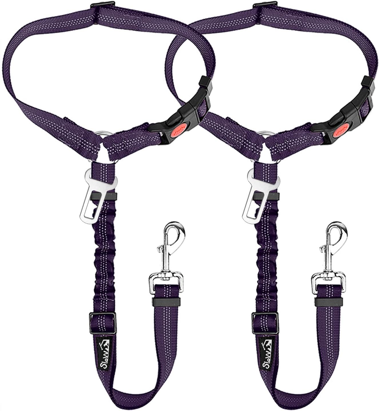 SlowTon Dog Seat Belt for Car, 2 Pack Dog Car Harness Seatbelt Adjustable with Elastic Bungee Buffer, 2 in 1 Pet Car Leash Headrest Restraint Dog Reflective Safety Tether (Purple, Headrest+Clip)