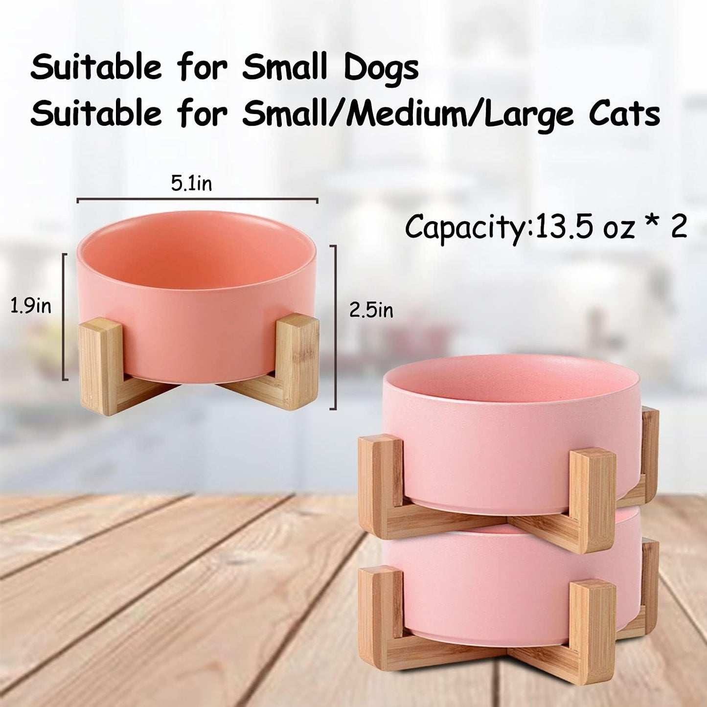 Petygooing Dog Cat Bowl Ceramic Pink Pet Dish with Stand for Food and Water, Modern Cute Matte Glaze Weighted Pet Bowls Set for Cats & Small Size Dogs 13.5 OZ (5.1In / 1.7 Cups) Pink