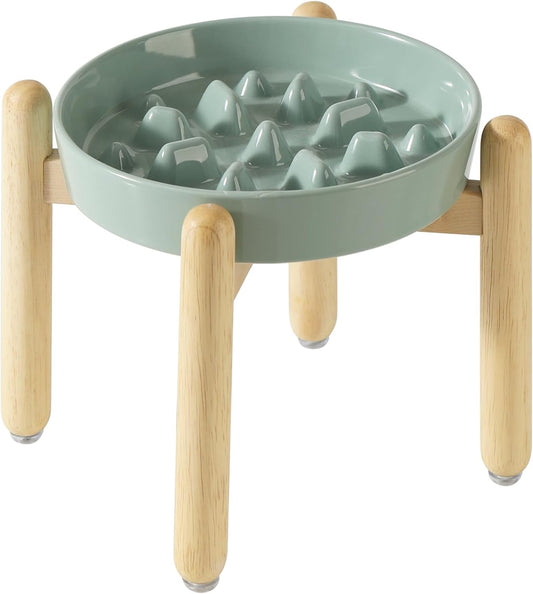9.5inch Ceramic Dog Raised Slow Feeder Set, Elevated Bowl with Wooden Stand for Large Dog, Slow Feeder Dish for Fast Easters, Stop Bloat(Light Green, Single Bowl+ Stand)