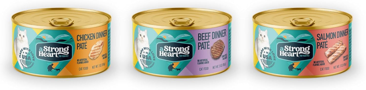 A Strong Heart Canned Wet Cat Food, Chicken, Beef and Salmon Variety Pack - 3 oz Cans (Pack of 24), Made in The USA with Real Chicken, Beef and Salmon