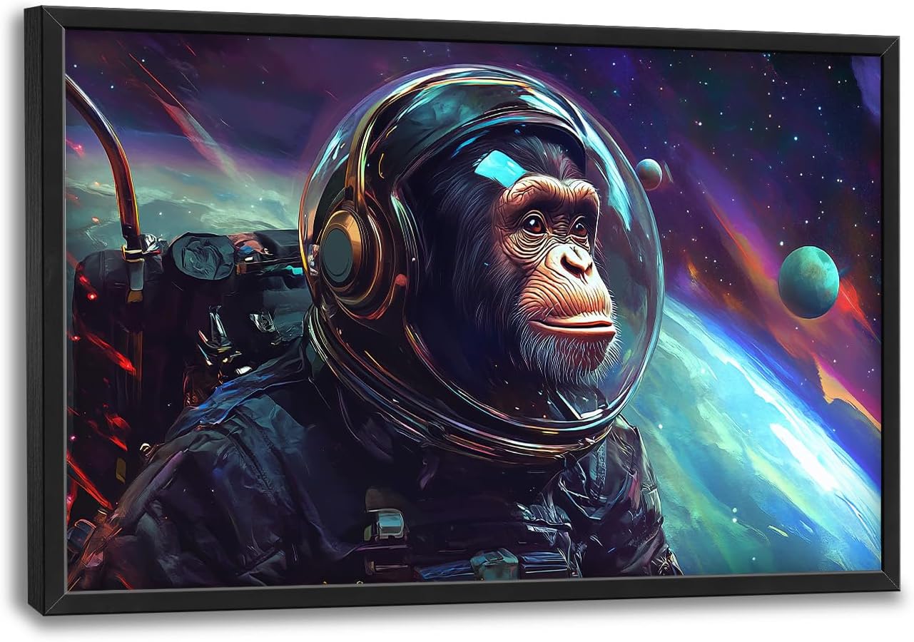 Framed Large Monkey Astronaut Wall Art, Oversized Chimpanzee Spacemen Wall Decor for Living Room, Outer Space Canvas Painting Pictures Modern Artwork for Living Room Bedroom Office 36"x24"