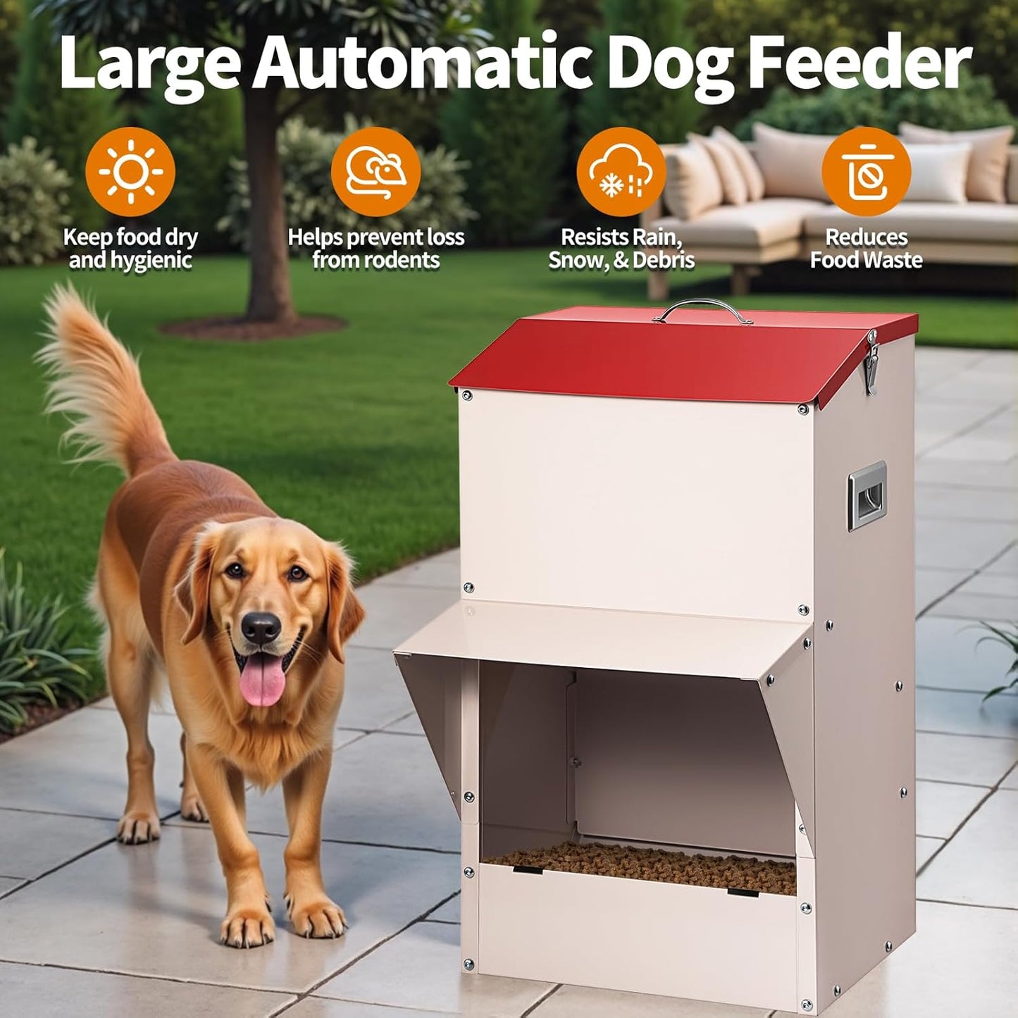 Automatic Dog Feeder Large Breed, 50 LB Capacity Outdoor Pet Food Dispenser, Powder-Coated Steel Gravity Dog Food Feeder with Clear Door, Wall Mountable, Weatherproof Self Feeders