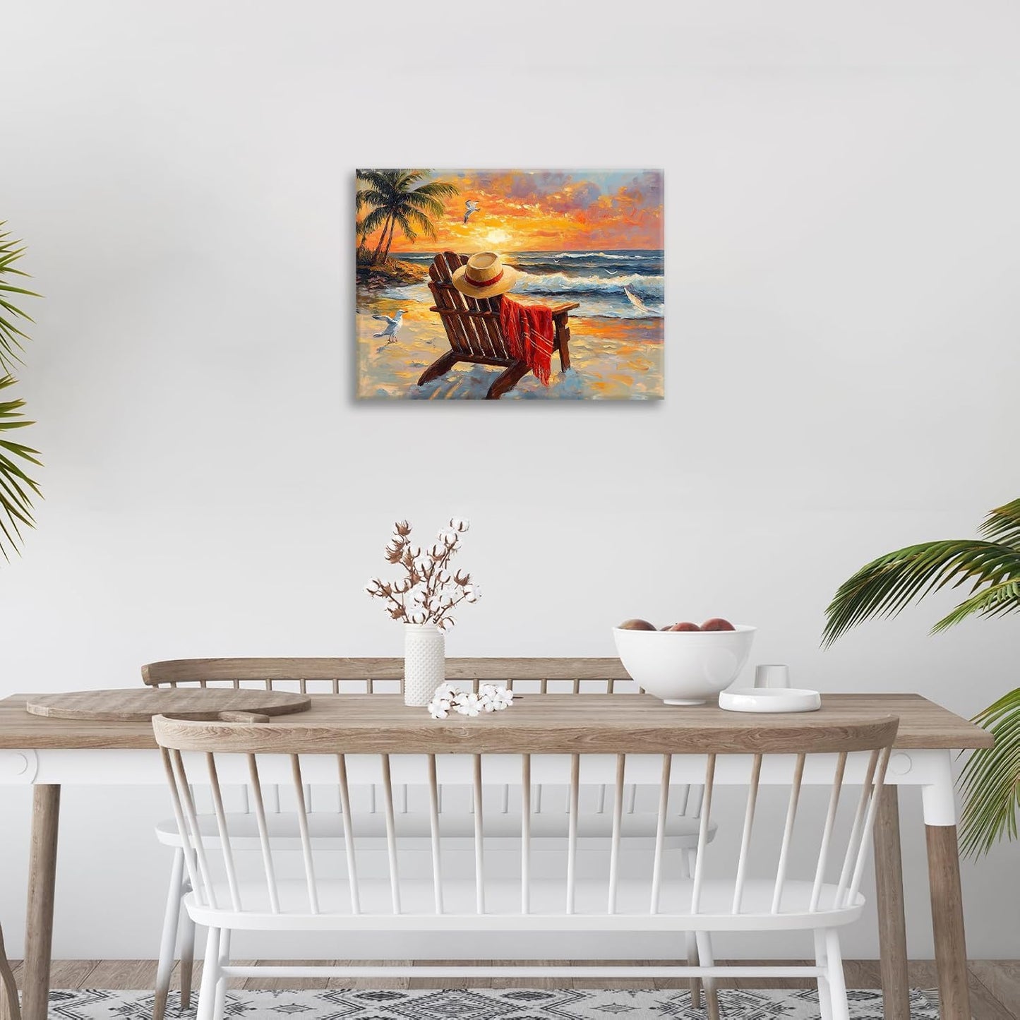 Beach Coastal Bathroom Pictures Wall Art, Seaside Ocean Bathroom Wall Decor, Sunrise Palm Framed Painting Canvas Artwork for Bedroom Living Room Decorations 20"L x 16"W