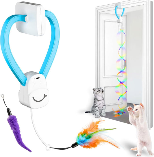 Interactive Cat Toys for Indoor Cats,Enrichment Stimulation Toys, Electric Hanging Door Clip Ribbon Kitty Toy,Automatic Play Chase Exercise Feather Toys for Bored Indoor Adult & Kitten Cats