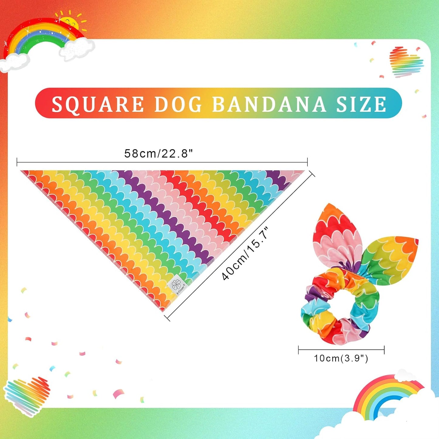 E-Clover Rainbow Dog Bandanas & Matching Scrunchie Set Girl Cute Pride Dog Scarf Bibs Pet Bandana with Bow Tie for Small Dogs Puppy Owner Mom Summer