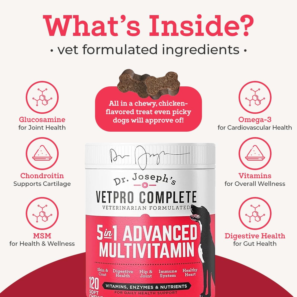 Dr. Joseph's VetPro Complete Multivitamin Dog Supplement, 120 Count (Large Dog 60 Day Supply), 5in1 Chew with Vitamins, Enzymes & Nutrients, Hip & Joint Health, Immune System & Allergy Support