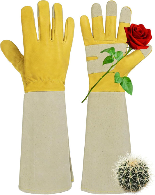 HANDLANDY Rose Pruning Gardening Gloves for Men Women, Thorn Proof Forearm Protection Leather Garden Gloves, Gardening Gifts for Gardeners (Yellow- goatskin, Medium (Pack of 1))