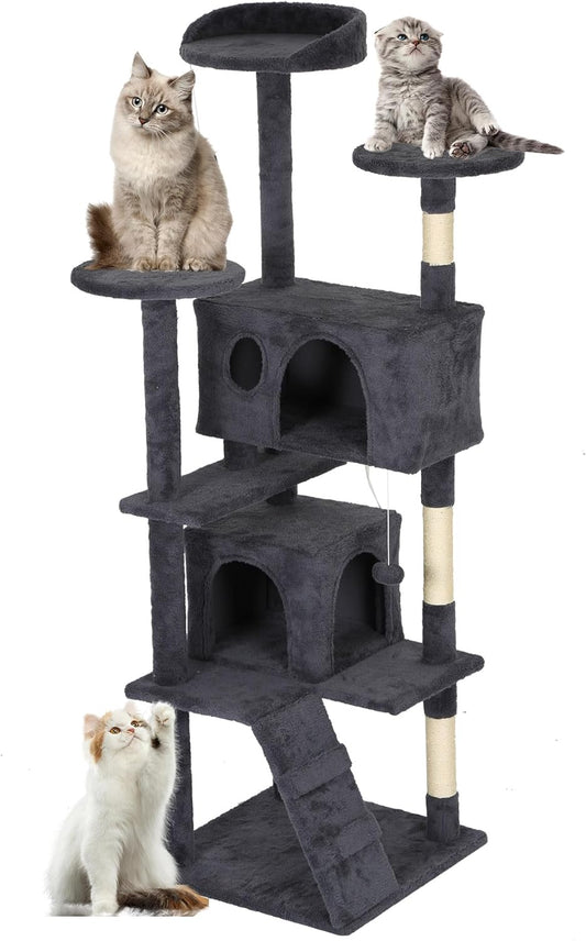 FDW Cat Tree Tower 62in Multi-Level Durable Cat Scratching Post & Cozy Fun Jumping Platform Space Saving Condo Pet Play House for Indoor Cats,Dark Gray