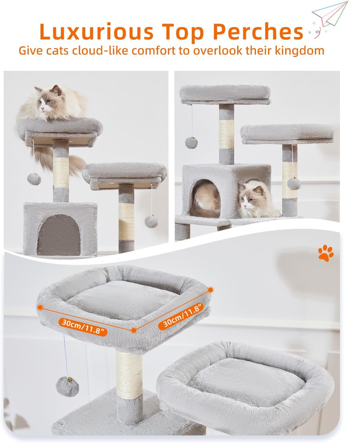Taoqimiao Cat Tree, 68-Inch Cat Tree Cat Tower for Indoor Cats, Plush Multi-Level Cat Condo with 6 Scratching Posts, 2 Perches, 2 Caves,Hammock, 3 Pompoms,MS020SW Light Gray