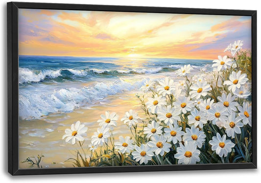 Large Beach Daisy Wall Art, Framed Coastal Beach Wall Decor for Living Room, Oversized Sunrise Canvas Painting Seascape Pictures Home Decoration for Living Room Bedroom Office 36"x24"