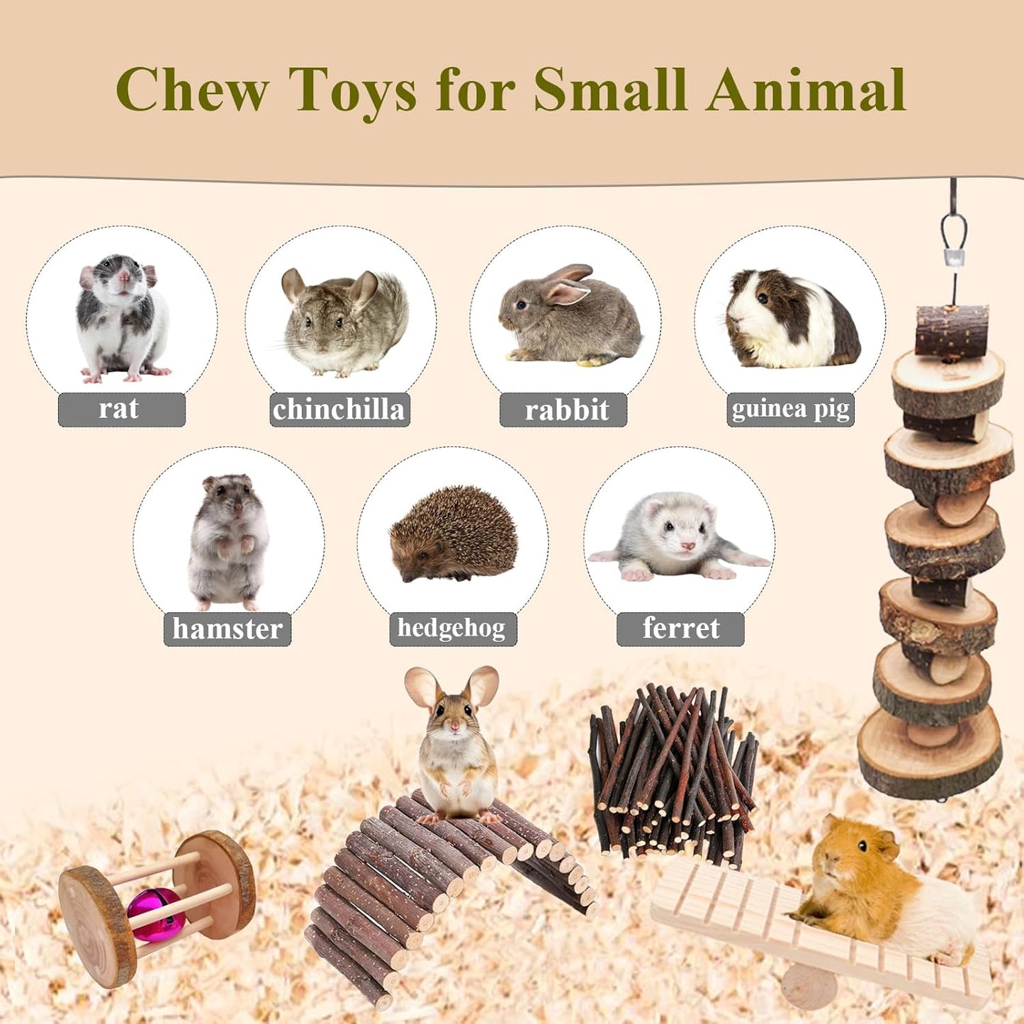 Grddaef Hamster Toys, Guinea Pig Chew Toys Rabbit Enrichment Cage Accessories Toys for Chinchilla Gerbils Rats Bunny Squirrels