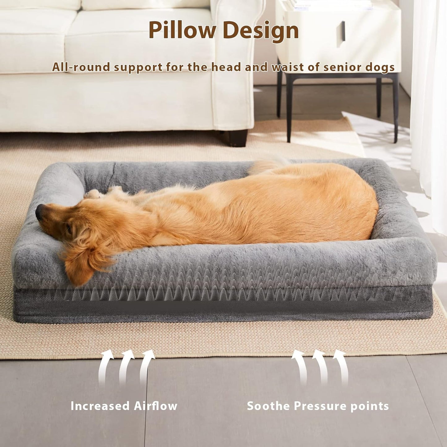 BFPETHOME XL Extra Orthopedic Dog Bed for Large Dogs – Washable Couch-Style Pet Bed with Supportive Bolster Sides, Removable Waterproof Cover, Non-Slip Bottom, Comfortable Dog Bed for Better Sleeping