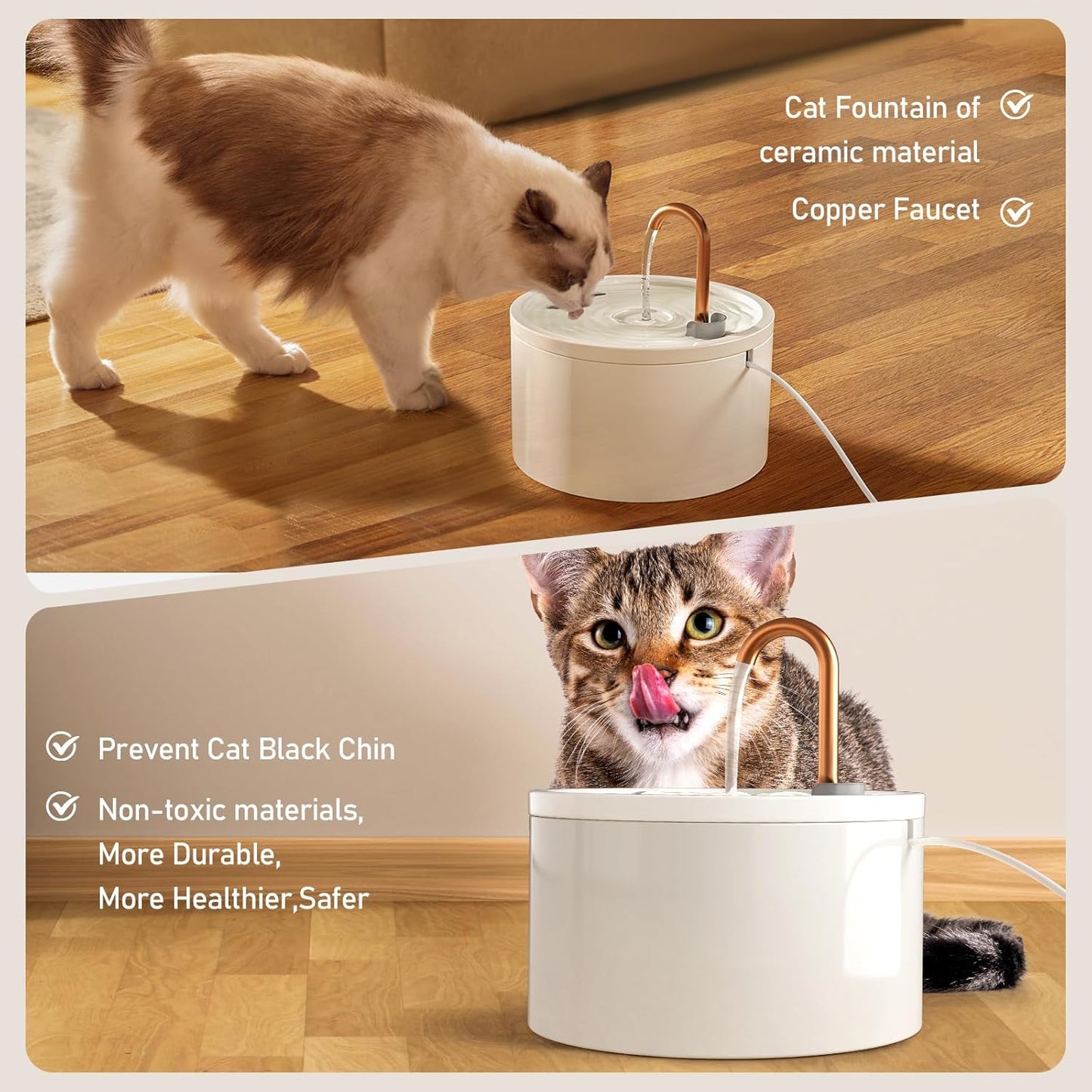 DOOOB Ceramic Cat Water Fountain, 2.1L/71oz Ceramic Cat Fountain, Automatic Ceramic Water Fountain for Cats, Pet Water Fountain with Ultra-Quiet Pump and 3 Filters & 3 Sponges (White)