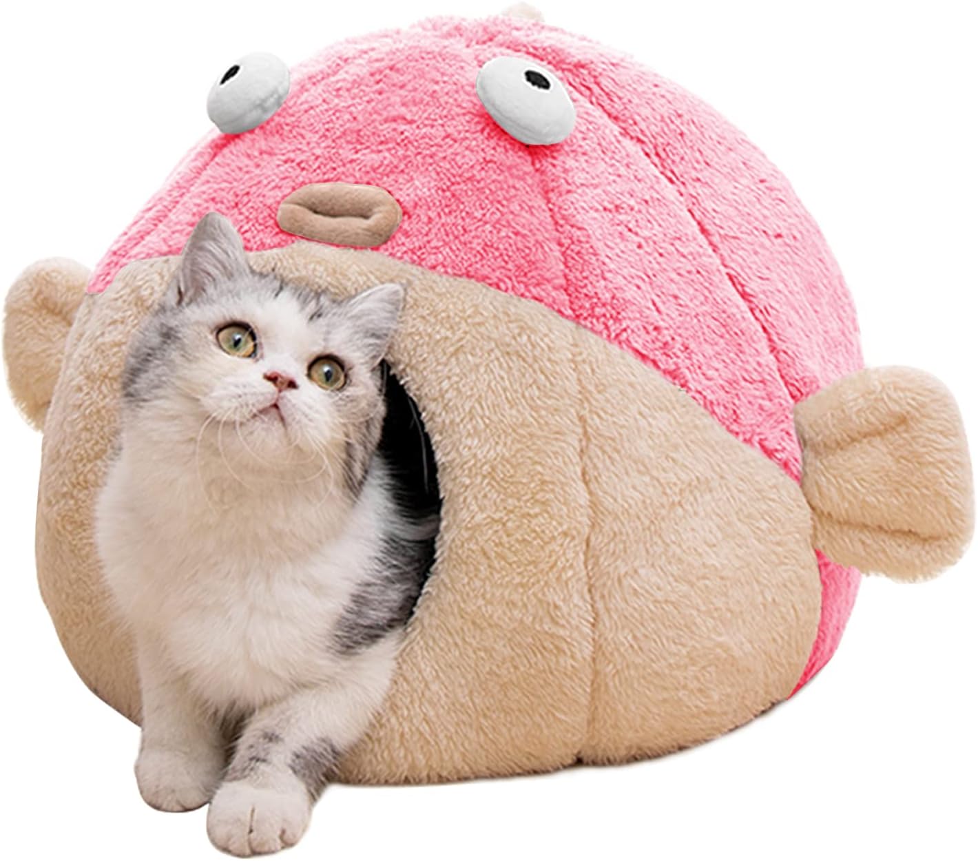 Cat Beds for Indoor Cats - Cat Bed Cave with Removable Washable Cushioned Pillow, Soft Plush Premium Cotton No Deformation Pet Bed, Lively Pufferfish Cat House Design, Pink, Multiple Sizes(L)