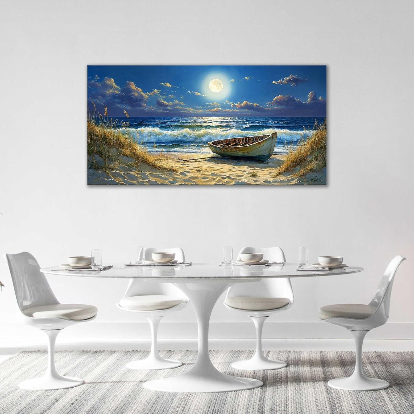 Quorin Beach Boat Large Wall Art Coastal Seaside Moonlight Pictures Nautical Wall Decor Seascape Canvas Print Painting Artwork for Bathroom Living Room Bedroom 30"x60"