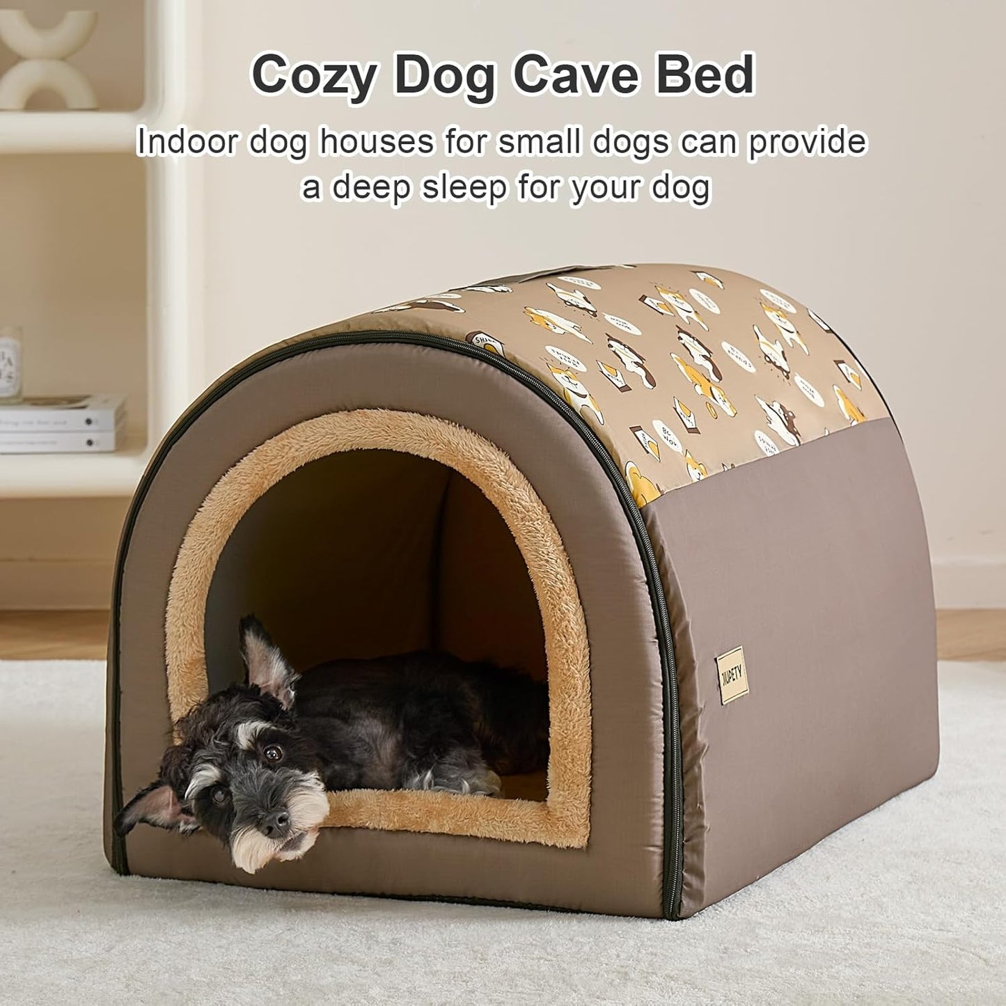 Jiupety Indoor Dog House, 2-in-1 Portable Foldable House Bed with Cover, Pet Tent & Cave Bed for Medium Dogs, XL(29"×21"×20"), Up to 44 Lb, Brown