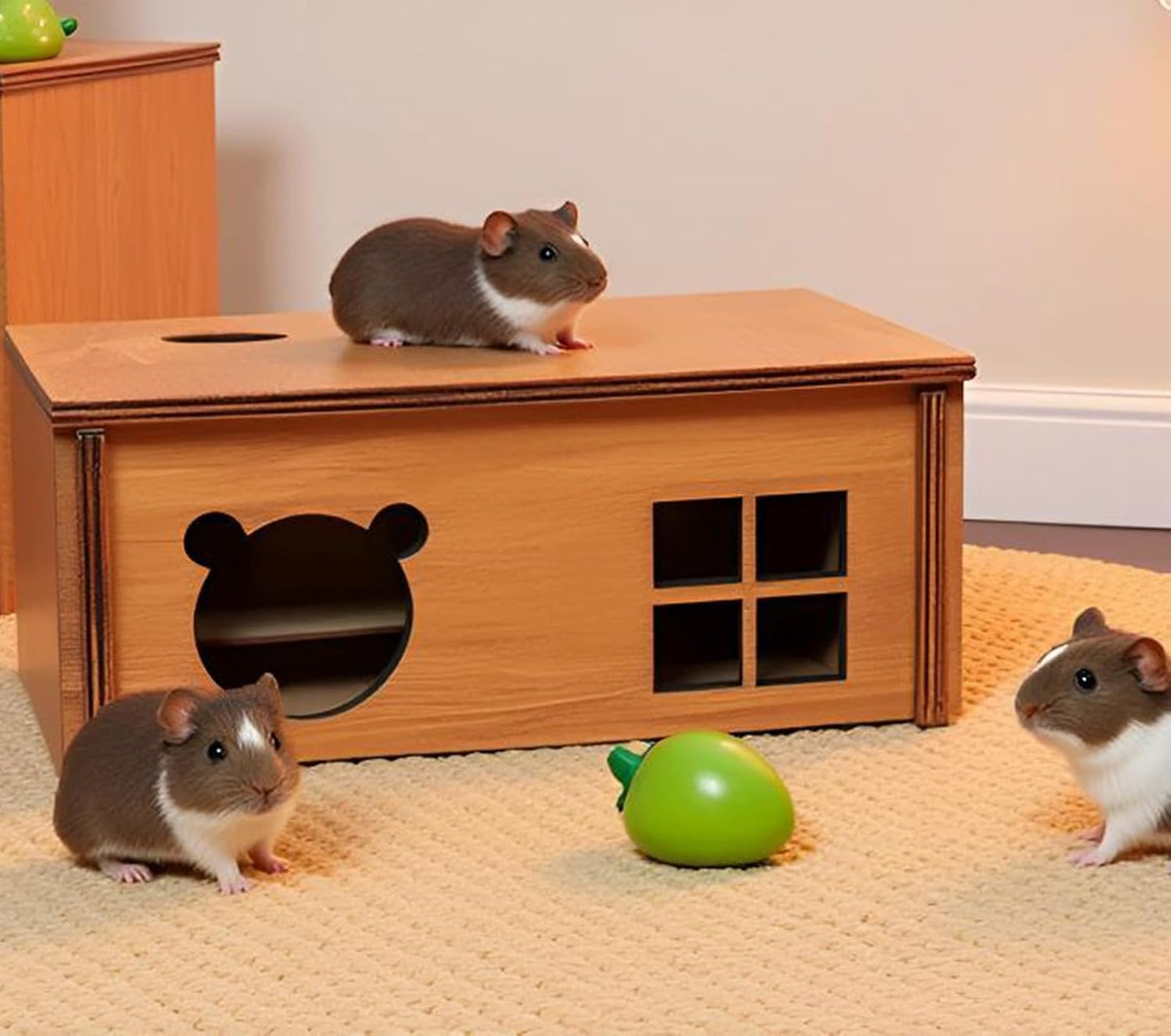 Hamster Multi Chamber Maze Hideout: Wooden Maze Tunnel House Exploring Toys for Hamster Gerbils Mice Guinea Pig Chinchillas, Small Animals Hideout and House - Brown