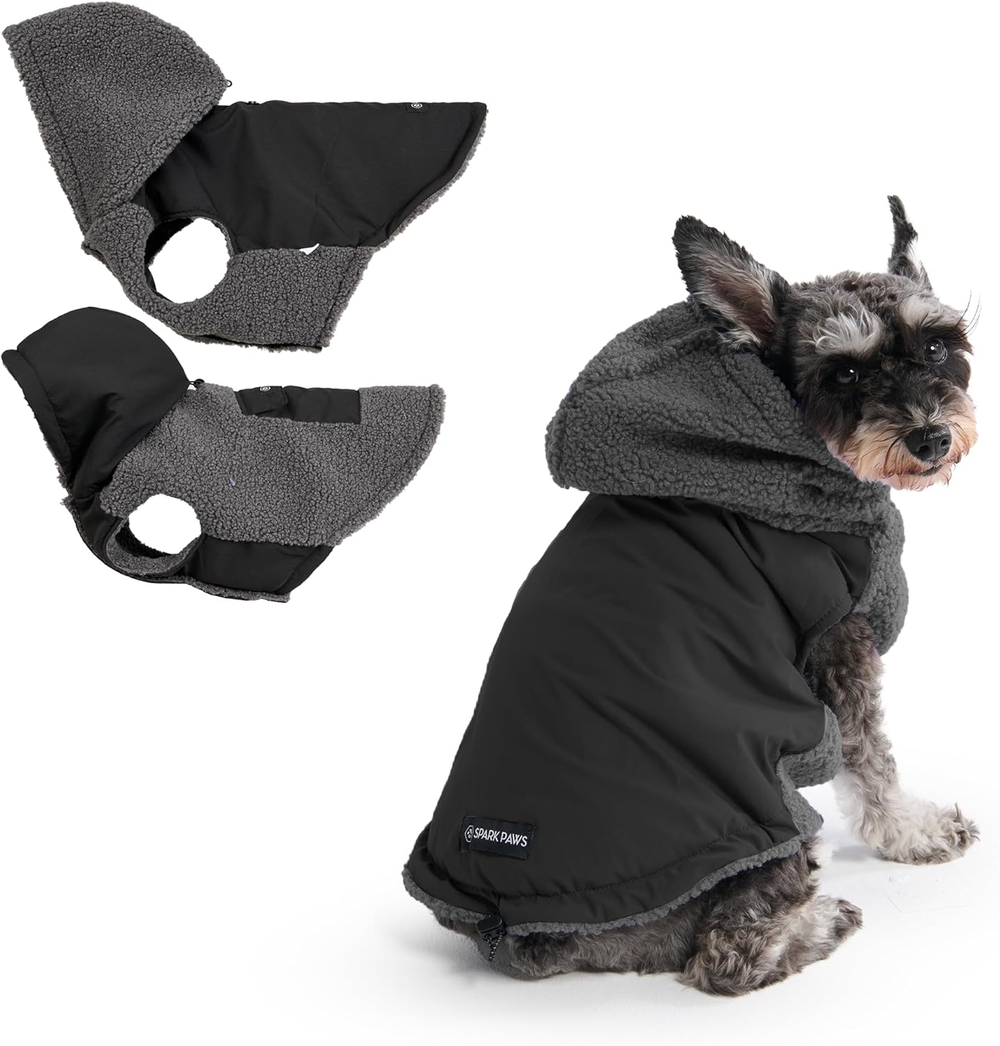 Spark Paws Reversible Dog Sweater, Sherpa Jacket Vest with Warm Fleece Lining, Warm Coat for Winter, Suitable for Small Medium, Large, XL XXL Dogs - Black and Grey - M