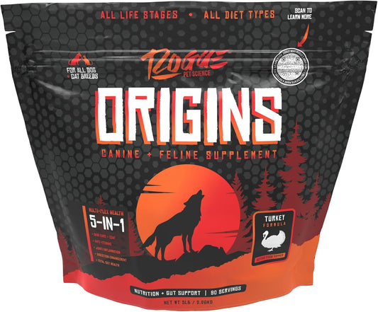 Origins 5-in-1 Dog Supplement - Powdered Food Topper w/Natural Turkey Protein- Supports Healthy Digestion, Skin, and Coat - Helps Reduce Itching & Joint Inflammation (5LB)