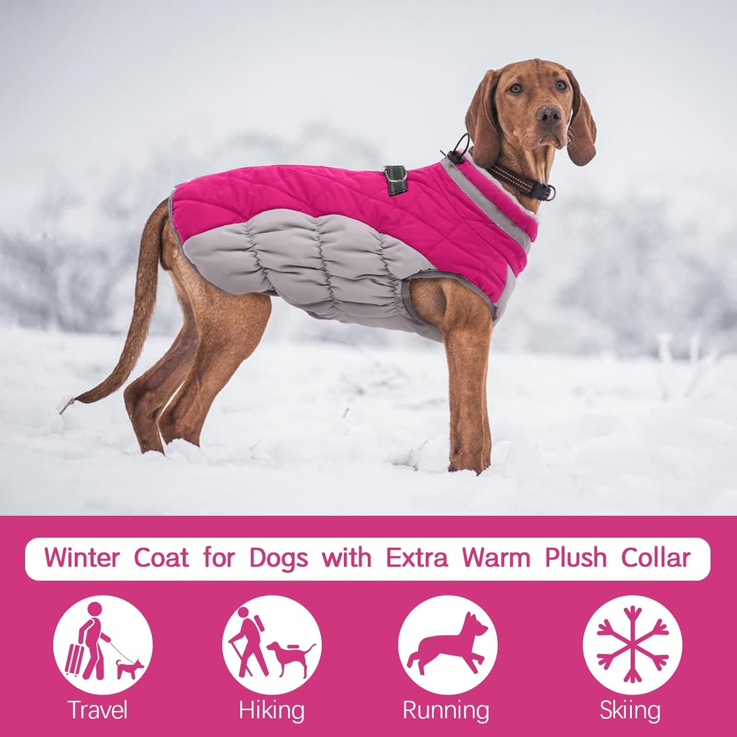 FUAMEY Dog Coat for Large Dogs,Waterproof Dog Winter Jacket with Harness Built in Puppy Cold Weather Coats Reflective Pet Vest with Zipper Warm Fleece Dogs Snowsuit Windproof Pink XXXL