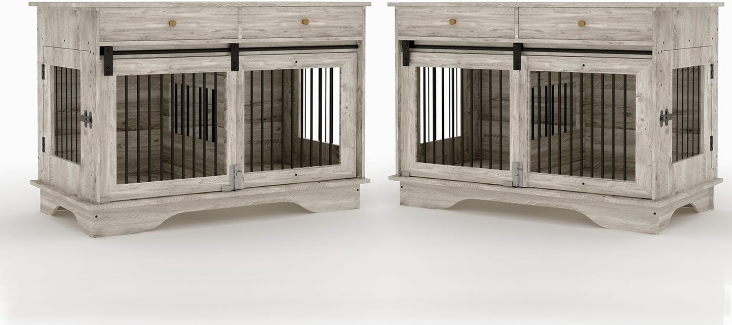 Dog Furniture Crate, 47" Large Dog Crate Furniture w/ 2 Storage Draws & Removable Divider for Large/Medium/Small Dogs (Grey, Double Cage)