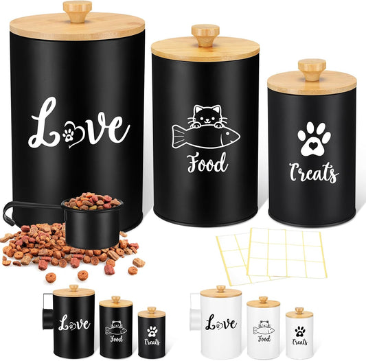 Metal Airtight Cat Treat Container Set of 3 with Bamboo Lids and Spoon Cat Food Storage Container with DIY Labels Pen Pet Cookie Snack Food Storage Organizer Jars for Kitchen Counter(Black)