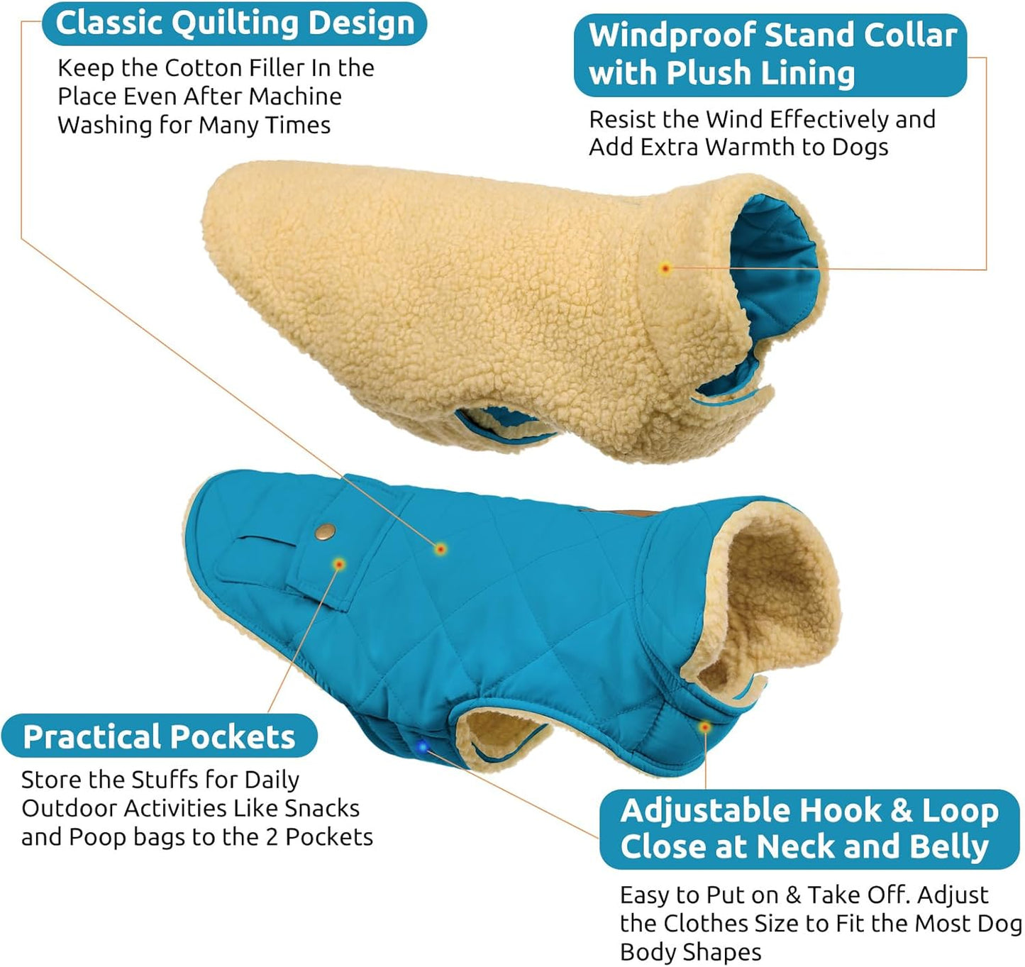 Queenmore Dog Winter Coat Warm Puffer Jacket Waterproof Plush Lining Thermal Cold Weather Vest for Small Medium Large Dogs, Windproof Easy On Pet Jacket Blue XL