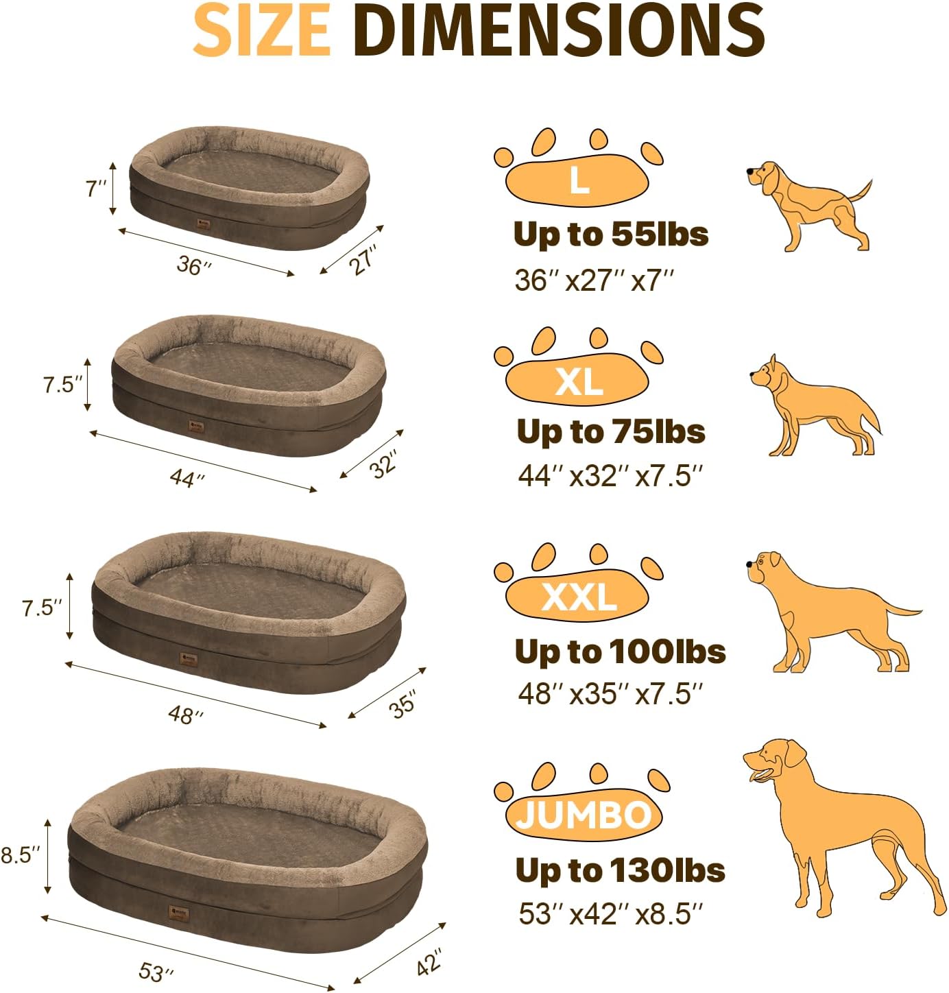 Orthopedic Waterproof Large Dog Bed: Memory Foam Washable Dog Bed with Bolsters - Removable Orthopedic Cover for Medium L XL Large Sized Pet - Non-Slip Bottom - Coffee