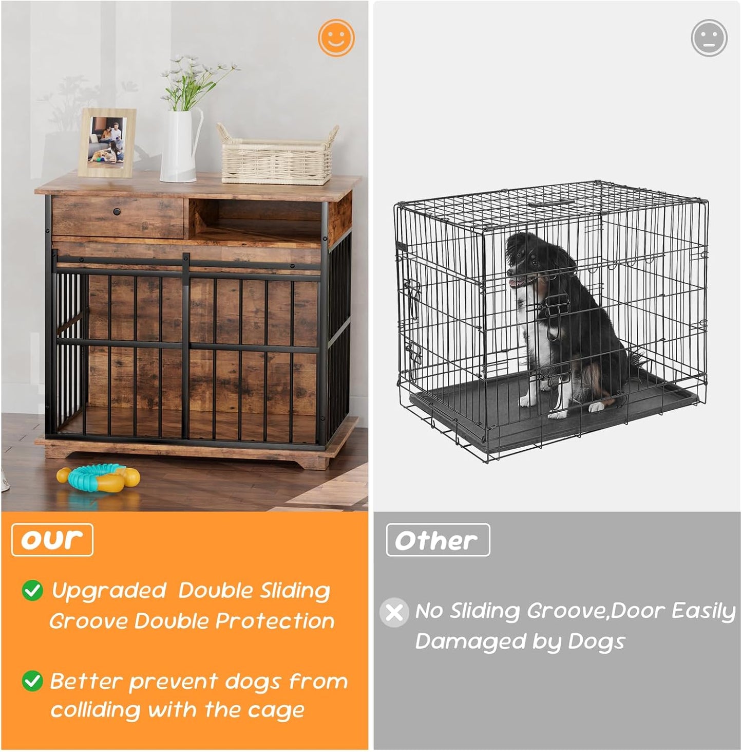 35.5" Dog Crate Furniture, Wooden Dog Crate Furniture for Medium Small Dogs, Wooden Dog Kennel End Table with Drawer and Open Shelves, Sliding Door Dog Kennel Furniture