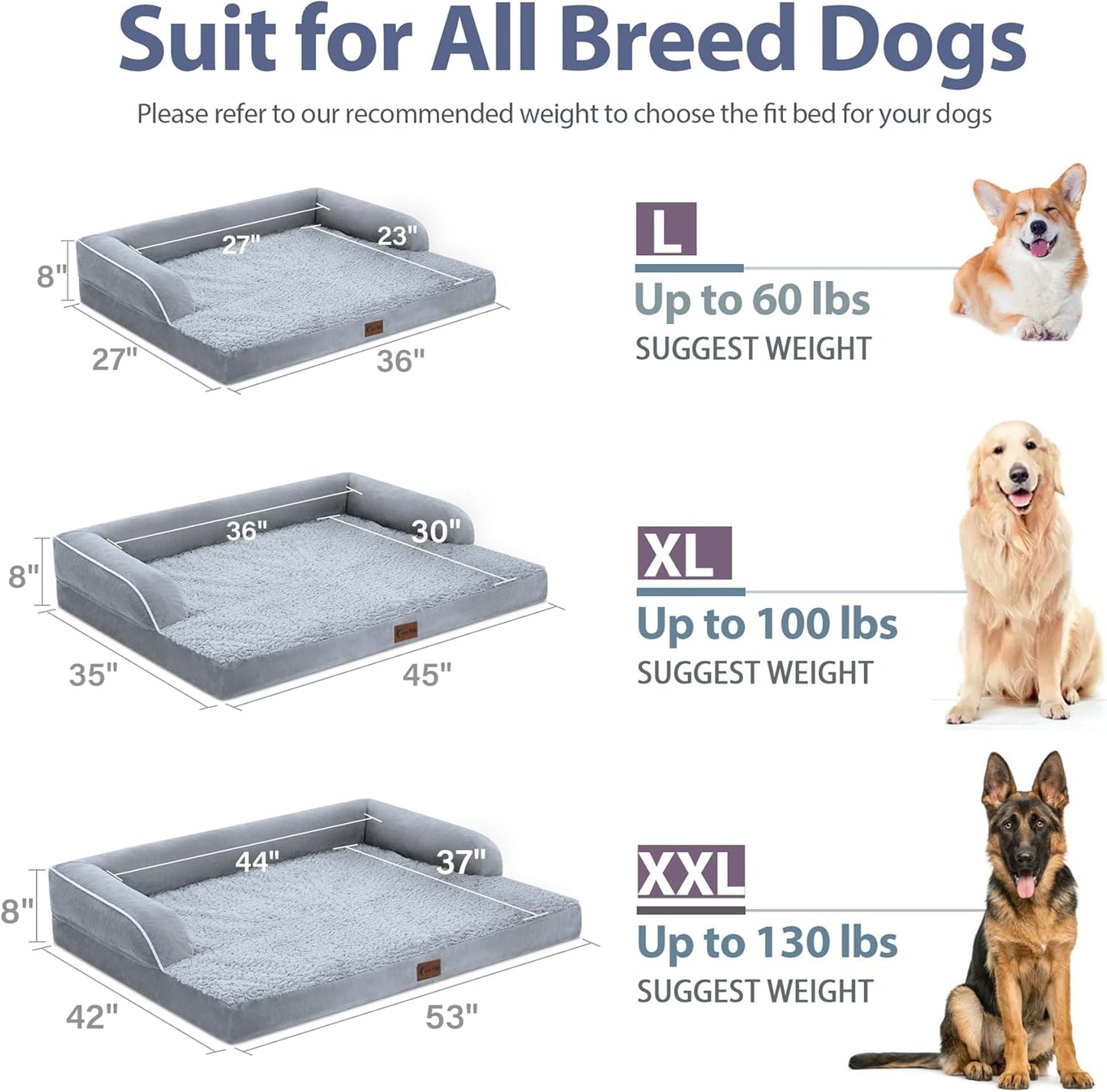 Orthopedic Dog Beds for Large Dogs, Waterproof Dogs Beds, Memory Foam Dog Couch Beds, Comfy Bolster Pet Beds with Removable Washable Cover, Nonskid Bottom (Large, Grey)