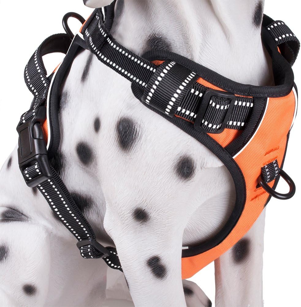 PoyPet No Pull Dog Harness, Reflective Comfortable Vest Harness with Front & Back 2 Leash Attachments and Easy Control Handle Adjustable Soft Padded Pet Vest for Small to Large Dogs (Orange,M)