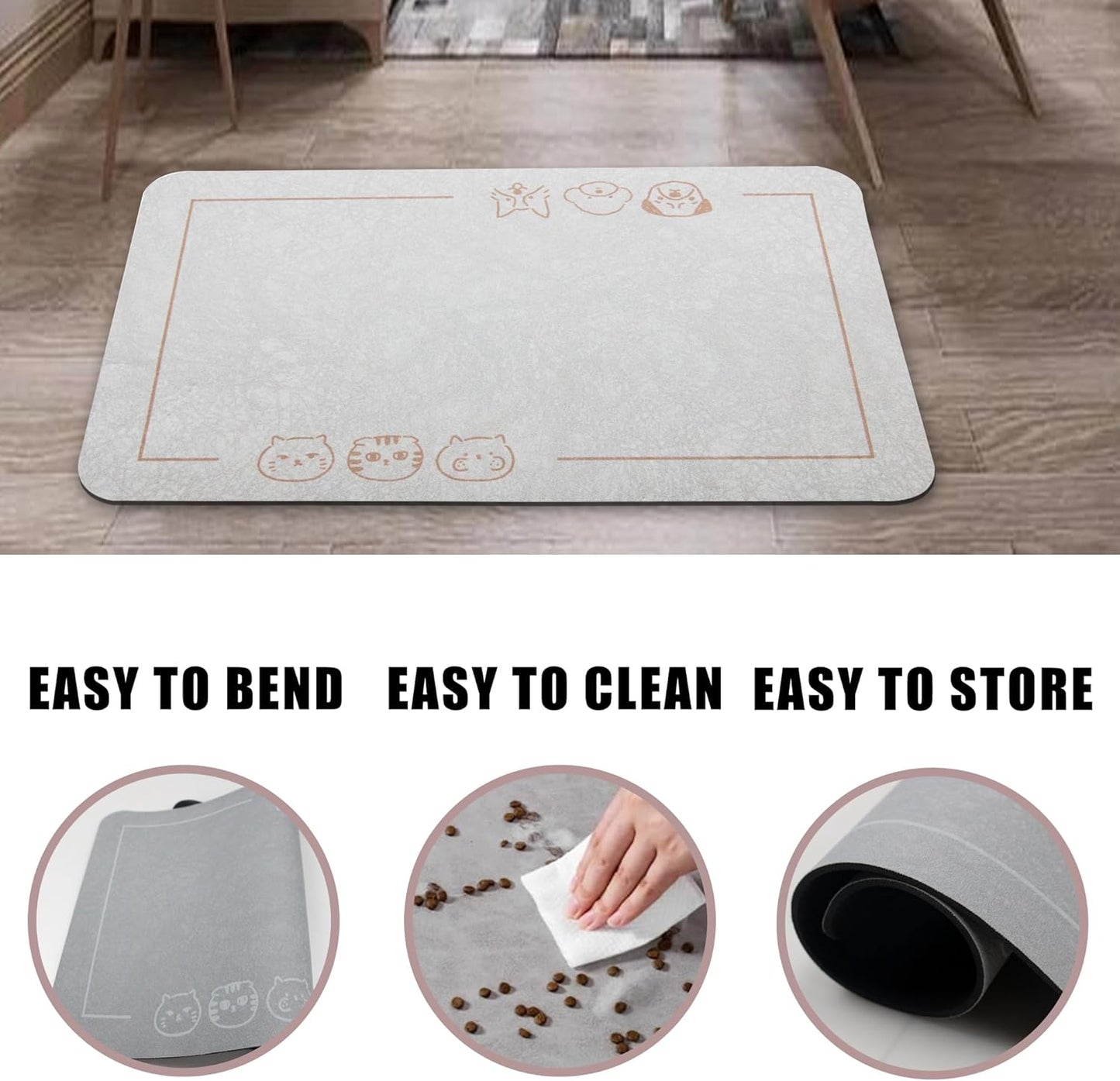 YCT Cat Pet Food Mat - Non-Slip Bottom Absorbent Quick Dry Feeding Mat for Dogs and Cats - Pet Supplies, 11.8"x18.1" Beige