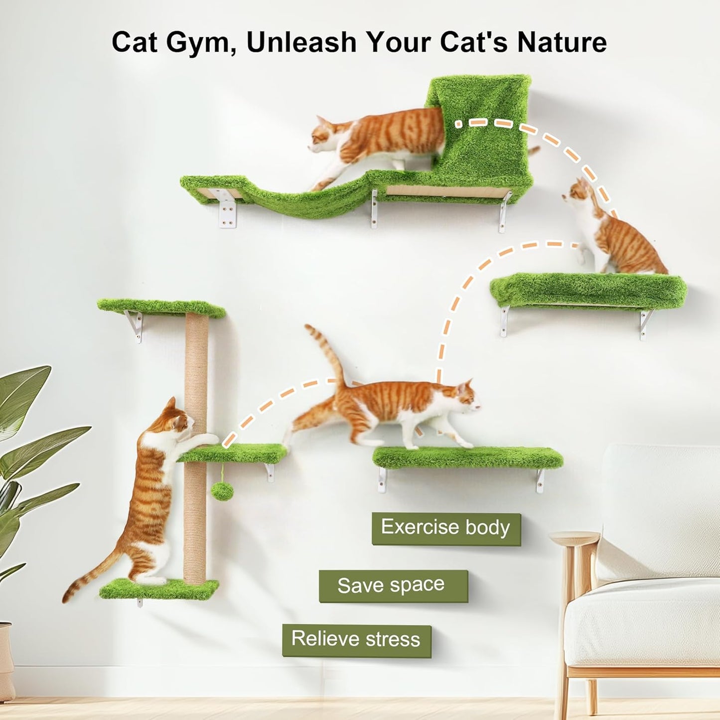 FUKUMARU Cat Wall Shelves, Stable & Safe 4 in 1 Cat Furniture Set, Wooden Climbing Wall with Scratching Post, Bridge and Bed, Stylish Jungle Gym for 16 Inch Drywall - Green