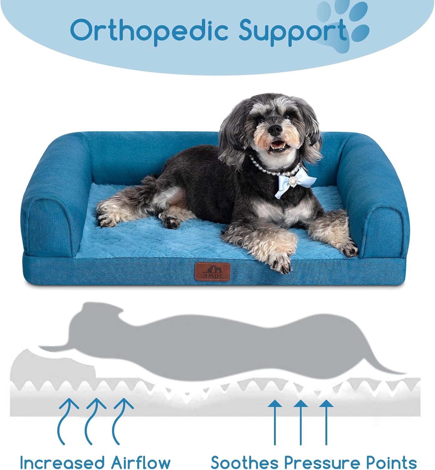 Hollypet Orthopedic Dog Bed for Medium Dogs, Supportive Foam Pet Couch with Removable Washable Cover and Non-Slip Bottom, Waterproof Lining Dog Sofa Bed, Blue, M (28 * 22.5 * 7.5)