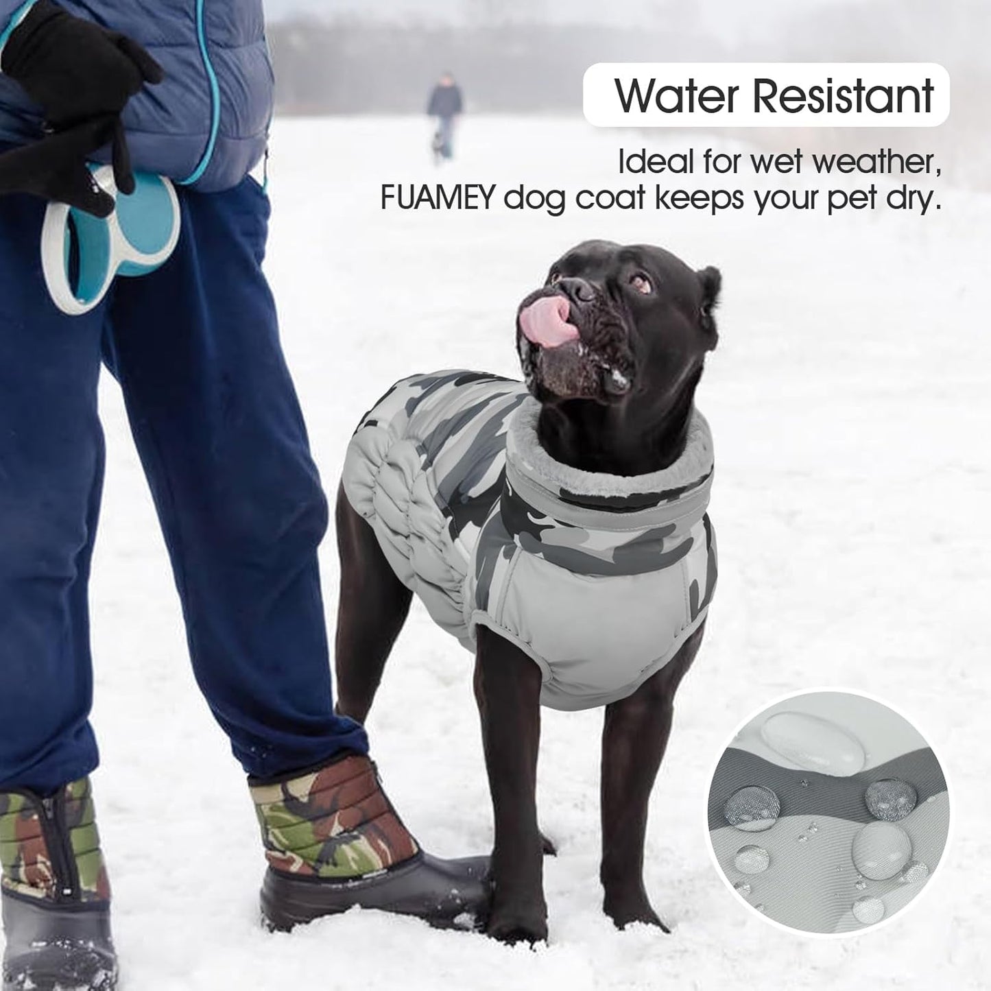 FUAMEY Dog Coat for Large Dogs,Waterproof Dog Winter Jacket with Harness Built in Puppy Cold Weather Coats Reflective Pet Vest with Zipper Warm Fleece Dogs Snowsuit Windproof Grey Camo XXXL