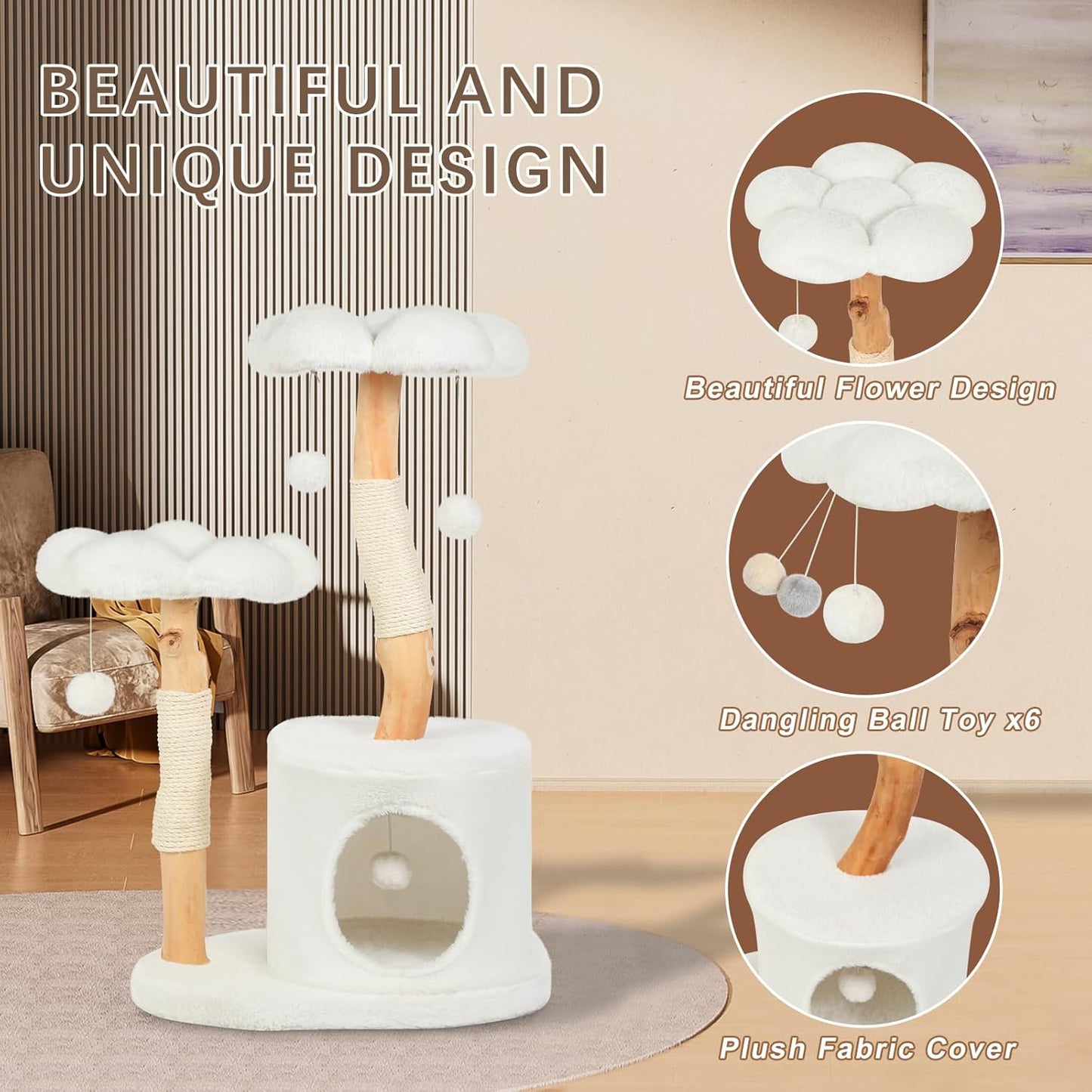 Cute Cat Tree Tower for Indoor Cats Adult, Wood Flower Cat Trees with 6 Pompoms, Modern Cat Tree Tower with Scratching Post, Aesthetic Luxury Cat Condo for Cats Kitten, Alpine White