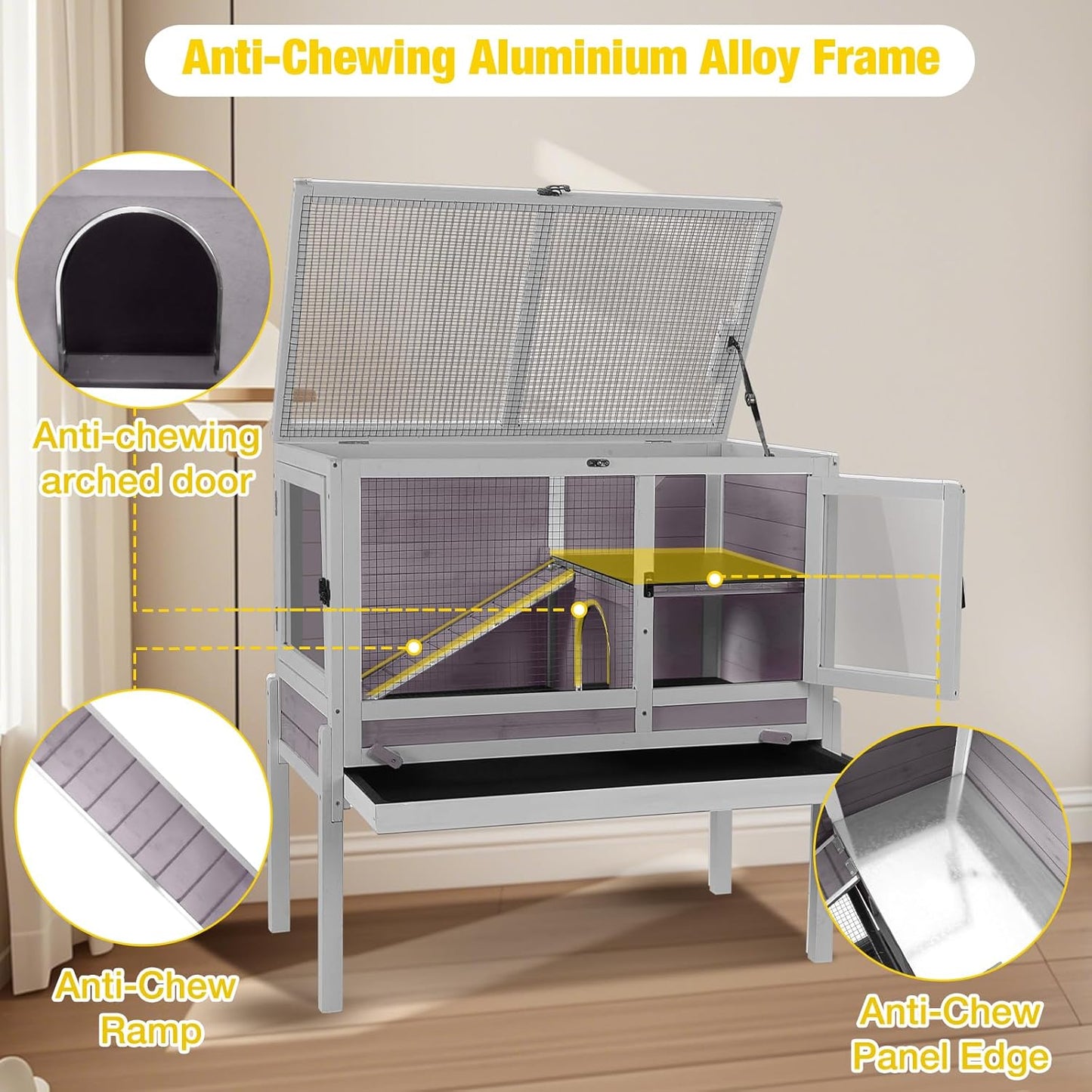 Aivituvin 2-Story Rabbit Hutch with Anti-Chew Ramp & Zinc Sheet - 36.6" Indoor Guinea Pig Cage, Wooden Stand, Pull-Out Tray & Leakproof Floor (Grey)