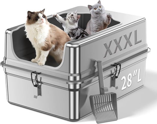 All-Metal 28" Extra Large Stainless Steel Cat Litter Boxes with Lid Metal Cat Litterbox Pan for Big Cats and Multiple Cats, Anti-Leakage, Easy Cleaning, Include Scoop