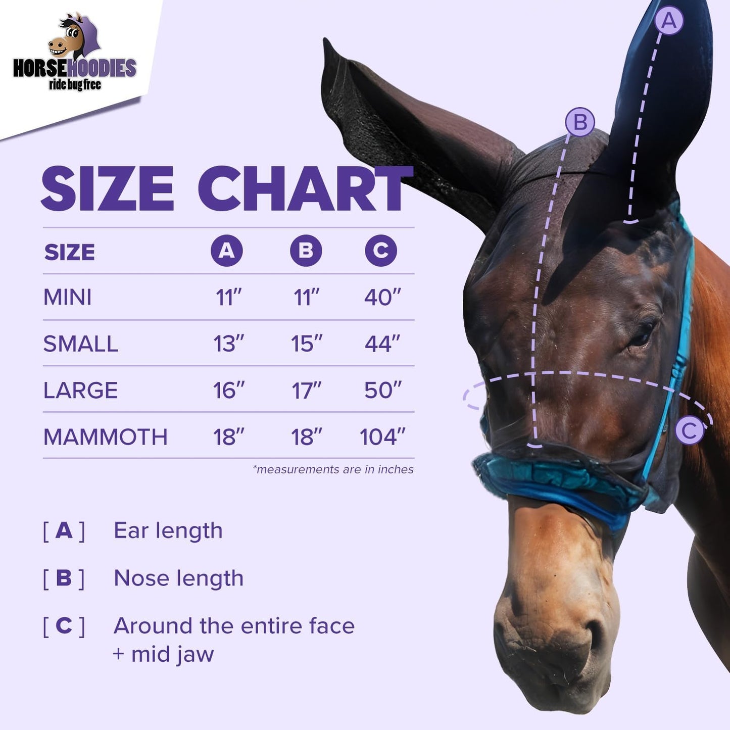 Donkey Fly Mask with Long Ears (Blue) Half Hoodie for Standard Donkey, Made in USA - Mule Fly Mask with Ears Protection from Insects and Bugs, Face Cover Soft Mesh Fabric with Adjustable Fastener