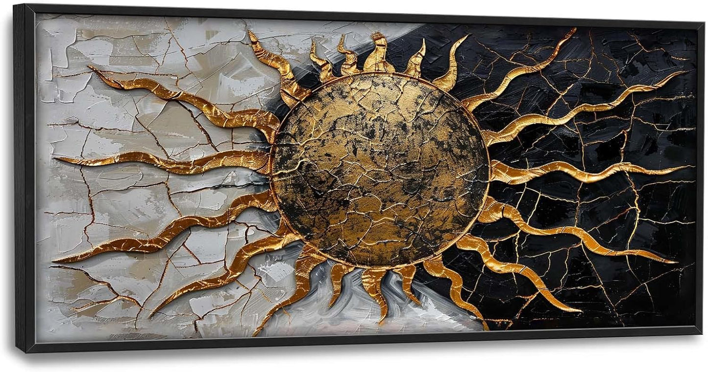 Quorin Golden Sun Large Wall Art Abstract Day and Night Pictures Black and Golden Wall Decor Canvas Print Painting Artwork for Bathroom Living Room Bedroom 60L x 30W