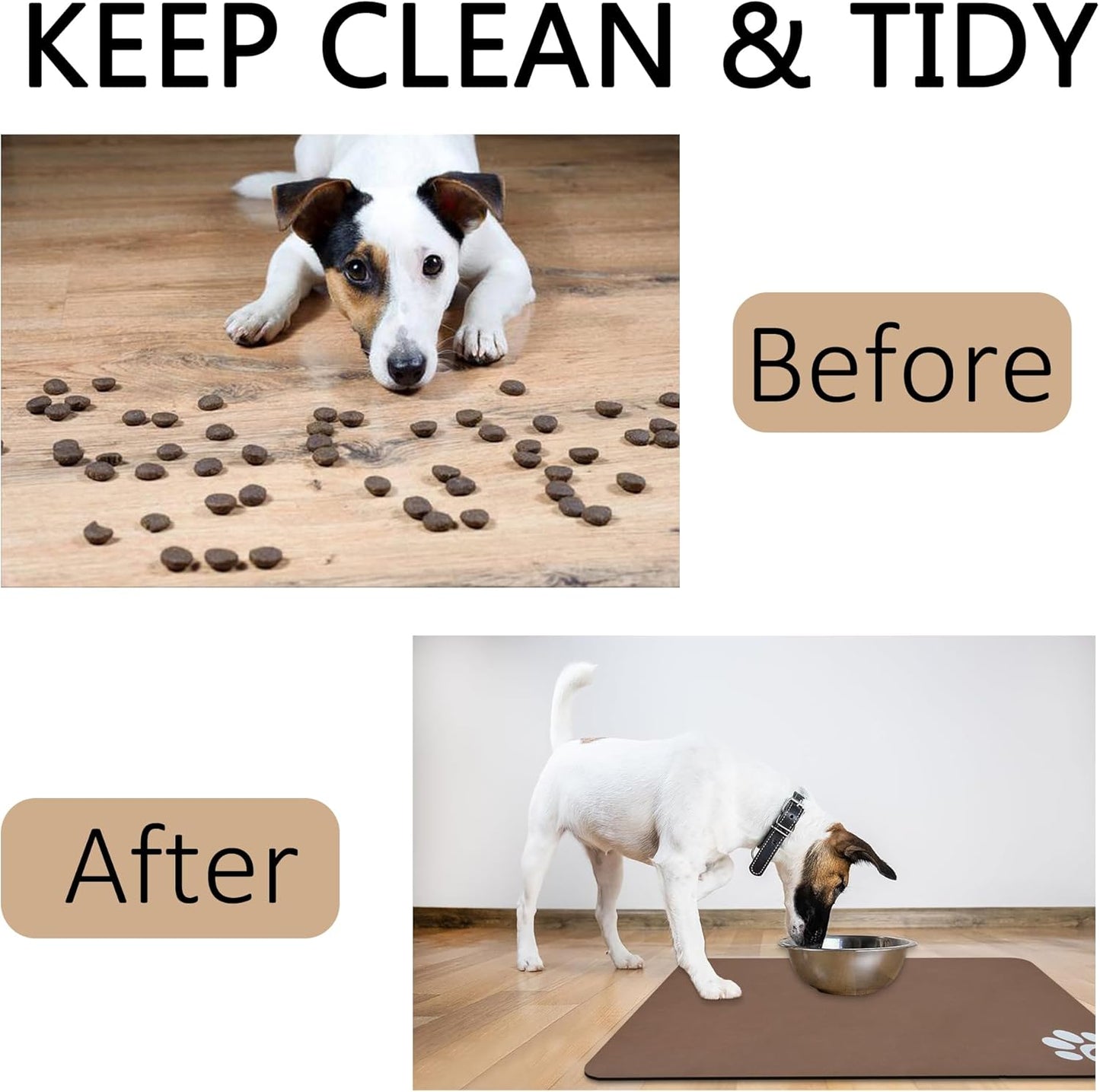 YCT Pet Feeding Mats - Non-Slip, Super Absorbent, 18.1 x 11.8 inches, Brown with Footprints Logo