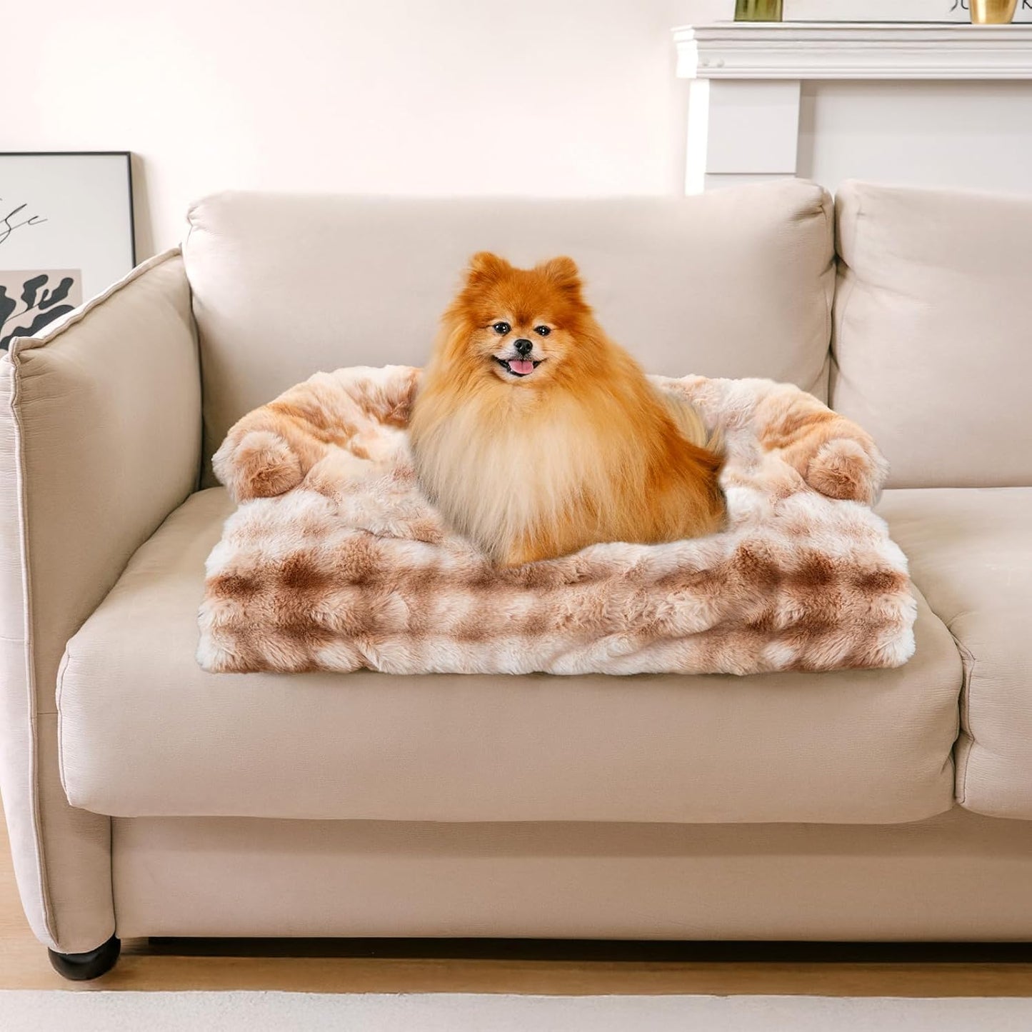 FUNNY FUZZY Pet Fluffy Fuzzy Couch Cover, Calming Washable Dog Bed Sofa Protector Pets Mat for Small Dogs and Cats (Tie-dye Brown,27.56 × 24.02 × 5.51 in)