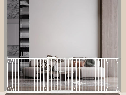Extra Wide Baby Gate 85.8-104.5 Inch, Pressure Mounted No Drilling, for Stairs & Doorways, Metal White Indoor Safety Gate for Kids and Dogs
